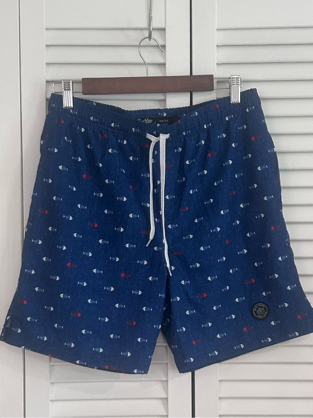 Brooklyn Cloth Navy Swim Trunks with Red & White Fish Print- size Large